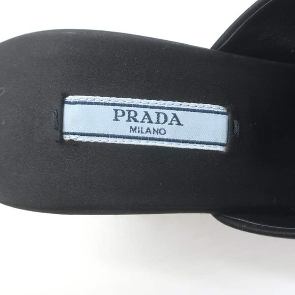 Prada Triangle Logo Sandals Black Satin Size 37 High Heel Slides - Picture 9 of 11